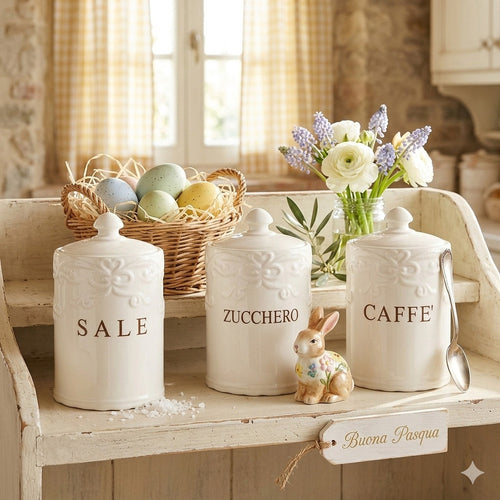 Arte di Nacchi Tris Barattoli Ceramica Caffè Sale Zucchero 10x18