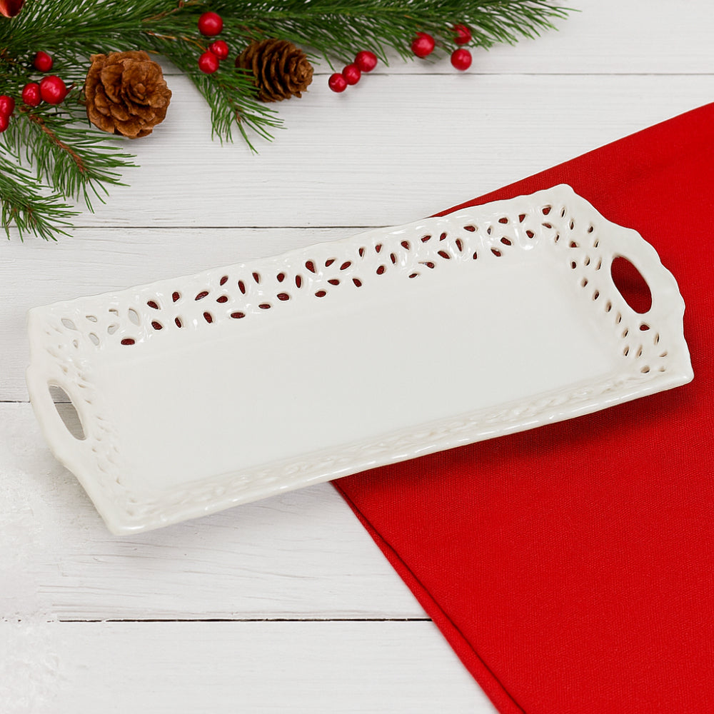 Arte di Nacchi Vassoio Ceramica Bianca Traforata 34x14 cm