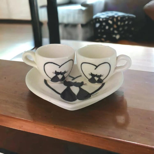 Arthesiana Tazze Caffè Ceramica con Vassoio Cuore 15 cm – Decoro Gatti