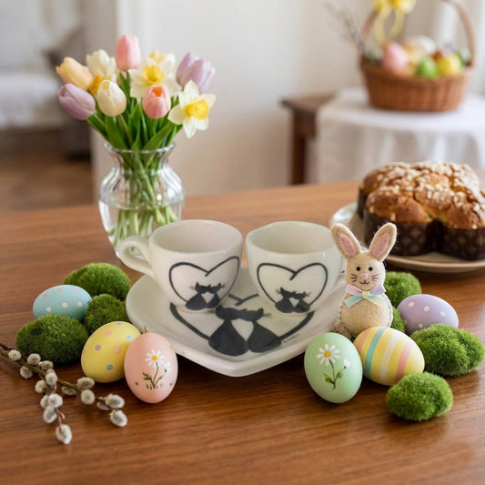 Arthesiana Coppia Tazze Da Caffè C Vassoio Cuore E Gatti 15cm tete a tete tazzine bomboniere