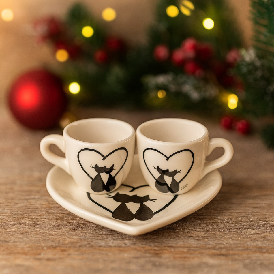 Arthesiana Coppia Tazze Da Caffè C Vassoio Cuore E Gatti 15cm tete a tete tazzine natale