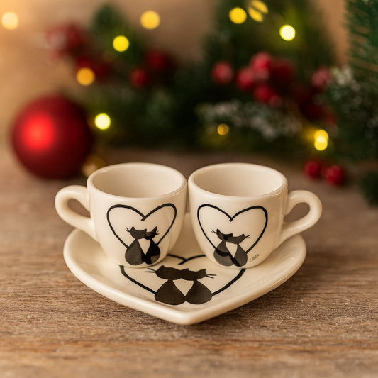 Arthesiana Coppia Tazze Da Caffè C Vassoio Cuore E Gatti 15cm tete a tete tazzine natale