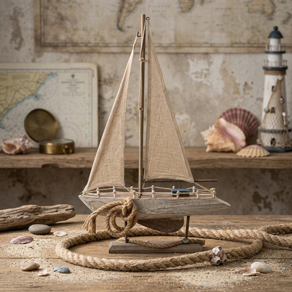 Arthesiana barca a vela decorativa in legno e tessuto con vele écru 31x6xH51 cm