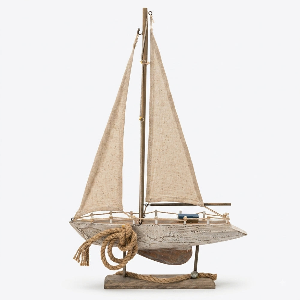 Arthesiana barca a vela decorativa in legno e tessuto con vele écru 31x6xH51 cm