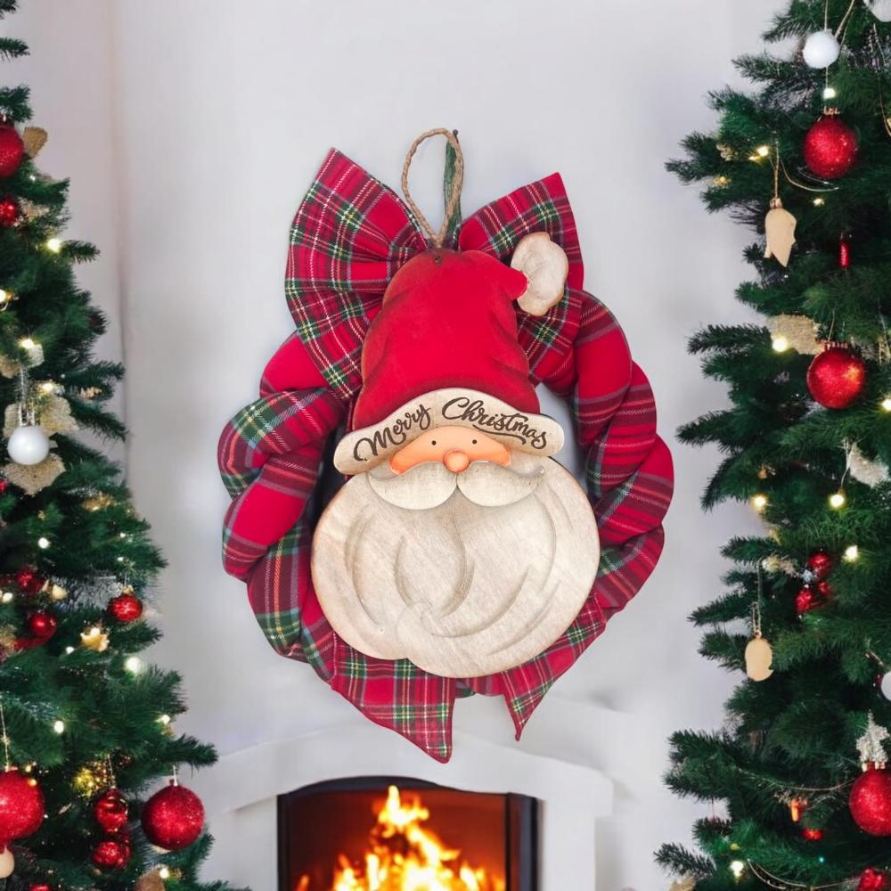 Babbomatto Fuoriporta in Legno con FIocco in Tessuto Babbo Natale 40x30 cm