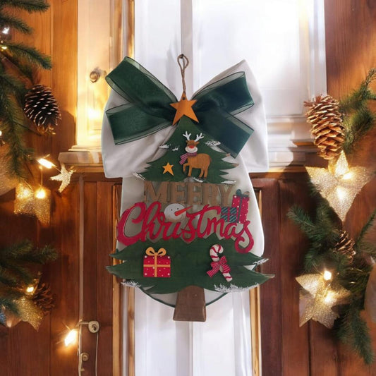 Babbomatto Fuoriporta in Legno con Fiocco in Tessuto Meery Christmas 42x28cm 