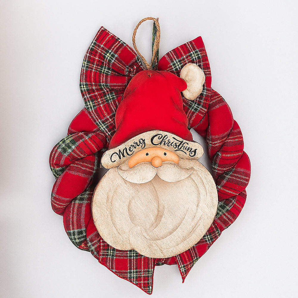 Babbomatto Fuoriporta in Legno con FIocco in Tessuto Babbo Natale 40x30 cm