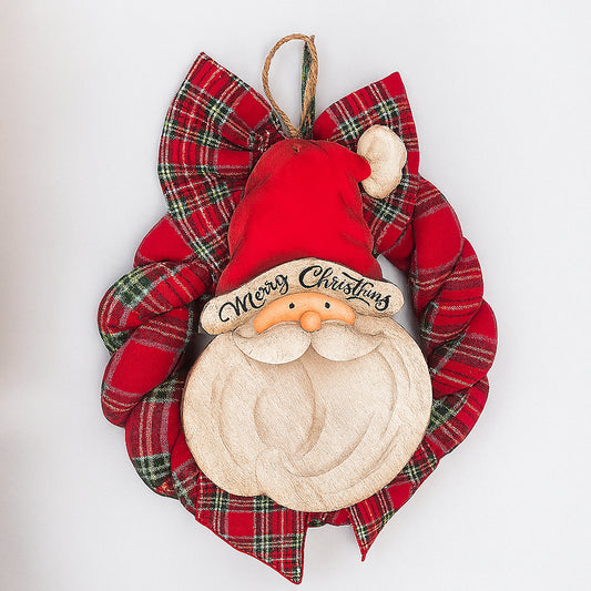 Babbomatto Fuoriporta in Legno con FIocco in Tessuto Babbo Natale 40x30 cm