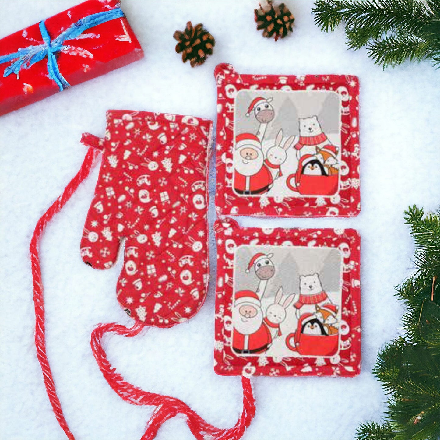 Babbomatto Set Guanto e 2 Presine 18/29cm Cotone Natale