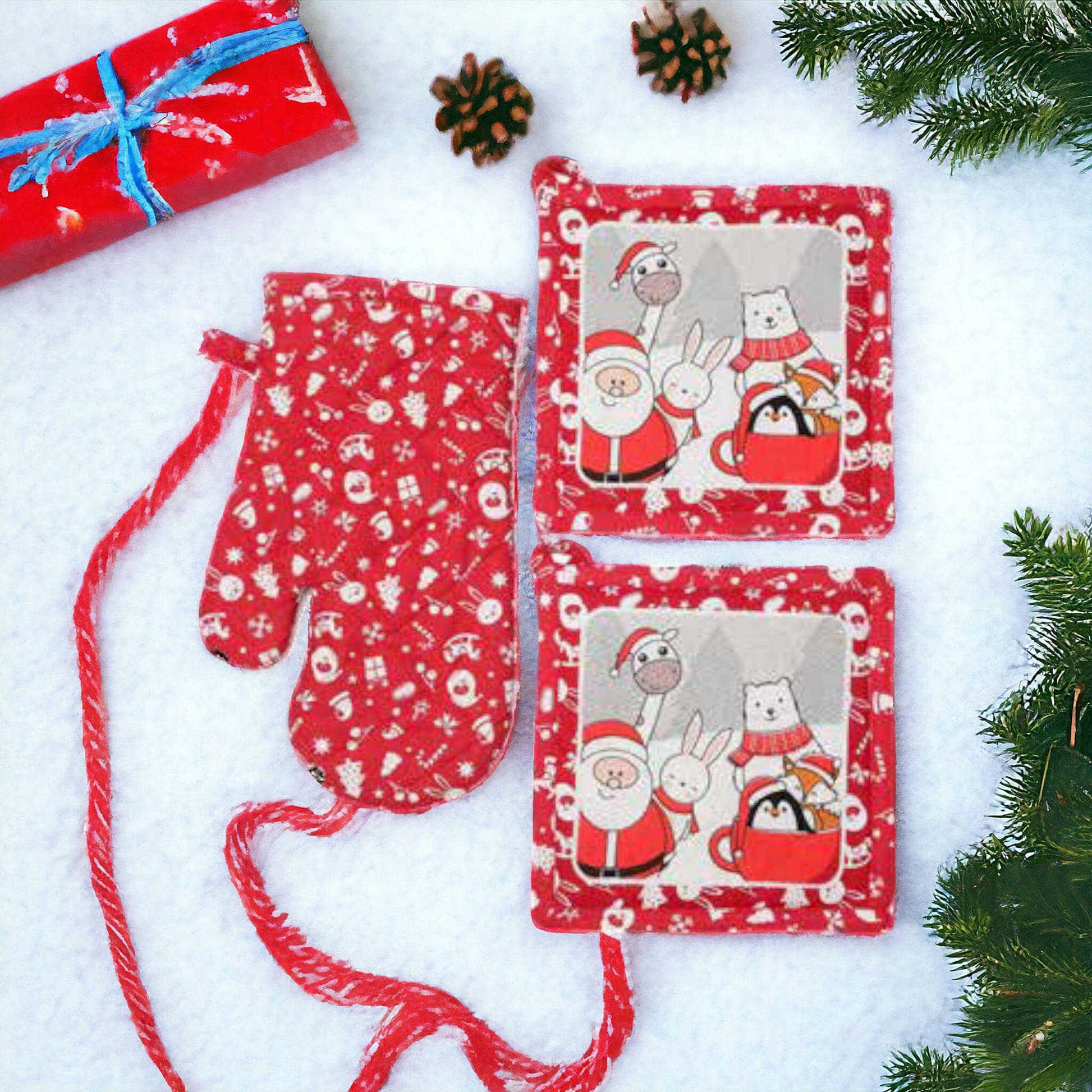 Babbomatto Set Guanto e 2 Presine 18/29cm Cotone Natale