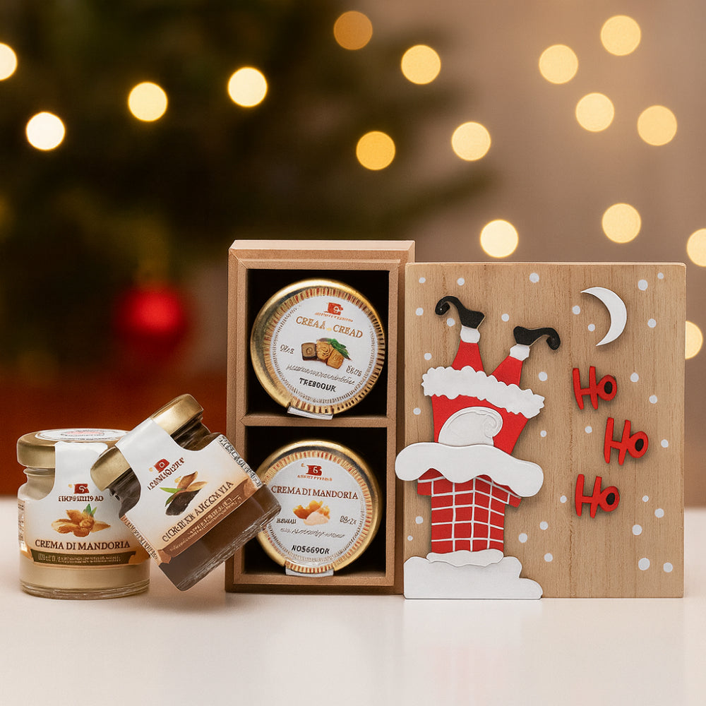 Babbomatto scatola in legno con 4 creme spalmabili 6.5x11 cm