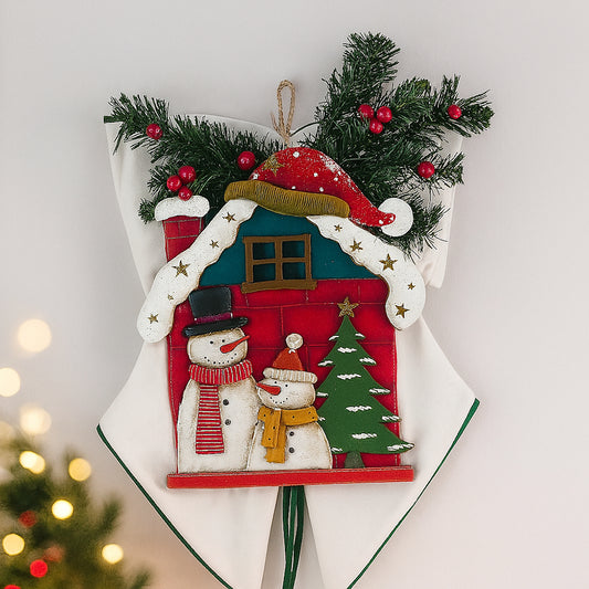 Babbomatto Fuoriporta in Legno con FIocco in Tessuto Pupazzo di Neve 50x37cm