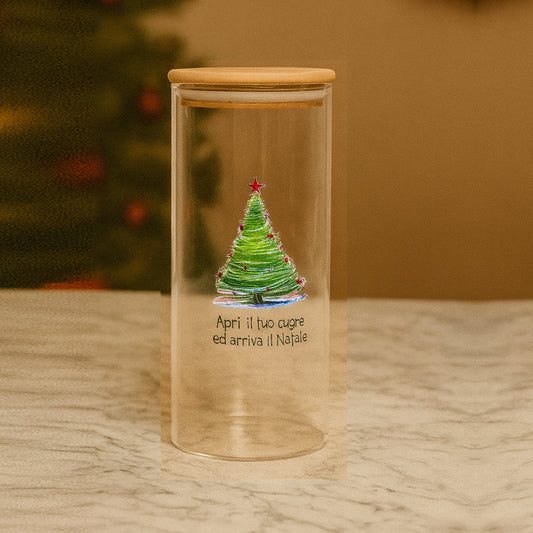 Barattolo natalizio Babbomatto Ø10 H23 con frase “Apri il tuo cuore ed arriva il Natale”