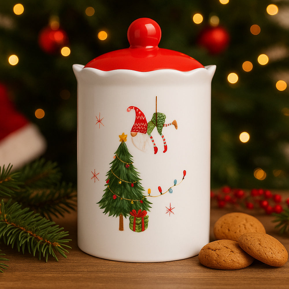 Biscottiera Babbomatto in ceramica 22x13 cm con gnomi decorativi