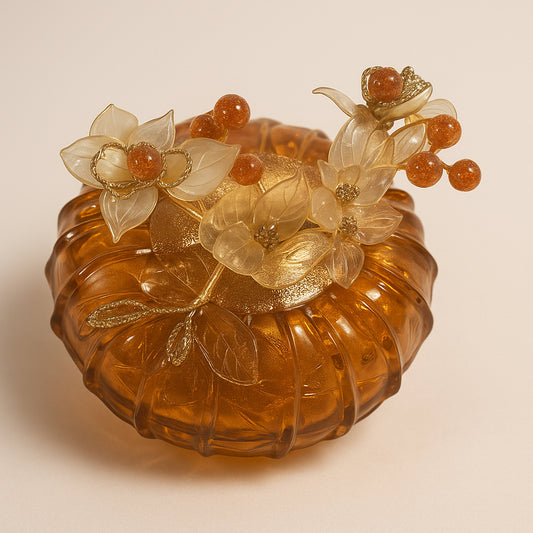 Bottiglia decorativa in vetro Murano ambra opalina con fiori H 19x17 cm