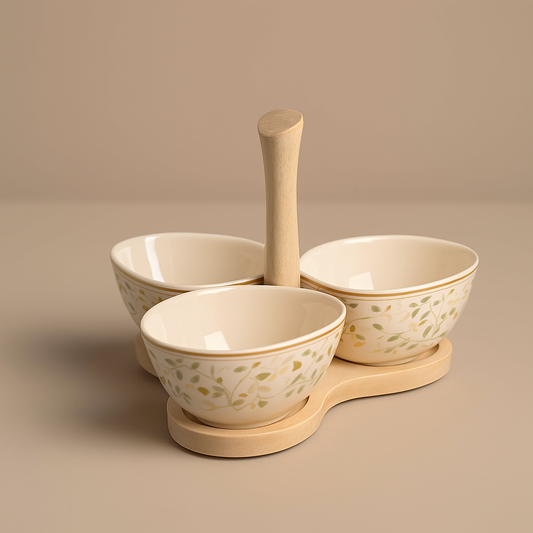 Brandani Antipastiera Ali Dorate Set 3 Pz Porcellana e Legno 52220