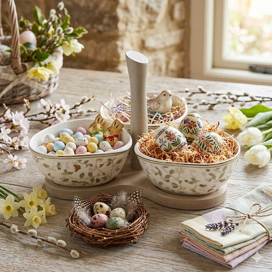 Brandani Antipastiera Porcellana Decorata con Base Legno 19,5x20x12,5 cm