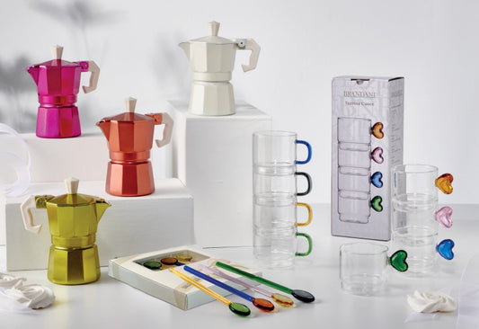 Brandani Linea Colour - Caffettiera Glitter, Cucchiaini e Tazzine in Vetro