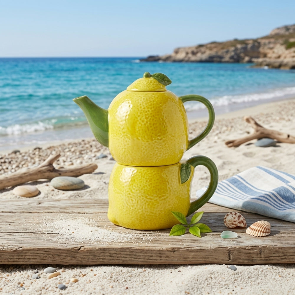 Brandani teiera con tazza Limone in dolomite 350 e 300 ml, Ø11x17,5xH16 cm
