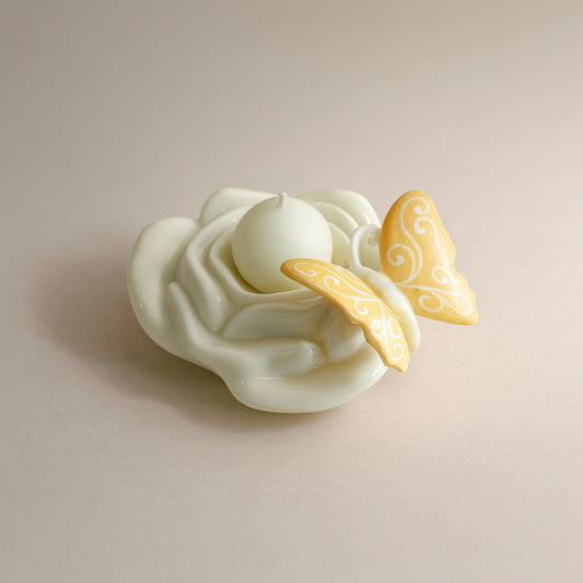 Bugia porta candela rosa in porcellana con farfalle Ser H 7 cm romantica