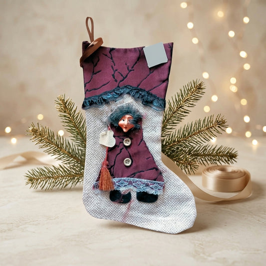 Calza Befana Epifania Bordeaux con Testa 3D Resina