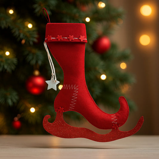 Calza Epifania in feltro rosso con stelle in legno 48x38 cm