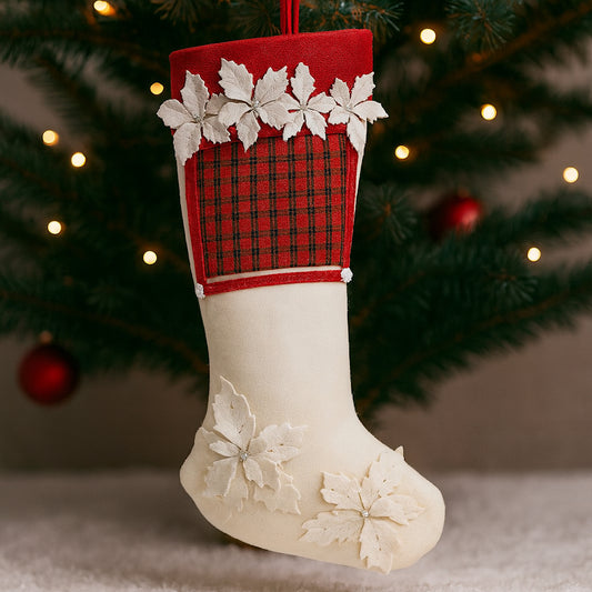 Calza Epifania in tessuto panna e tartan con stella di Natale bianca – Le Favole Living