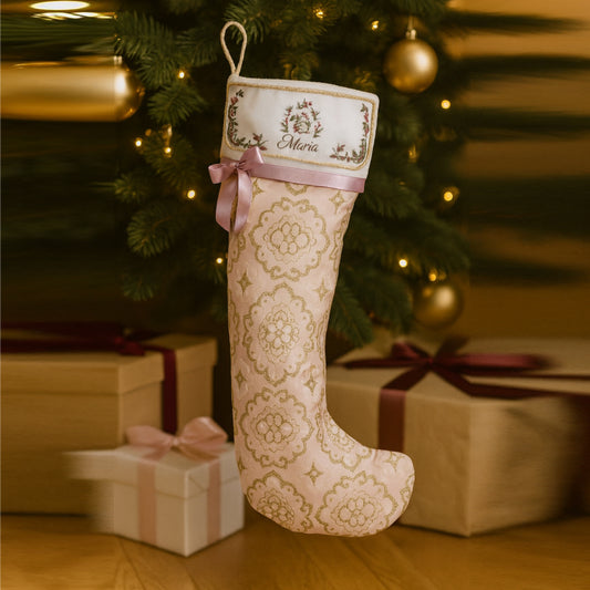 Calza dell’Epifania Artigianale in Damasco Rosa Personalizzabile
