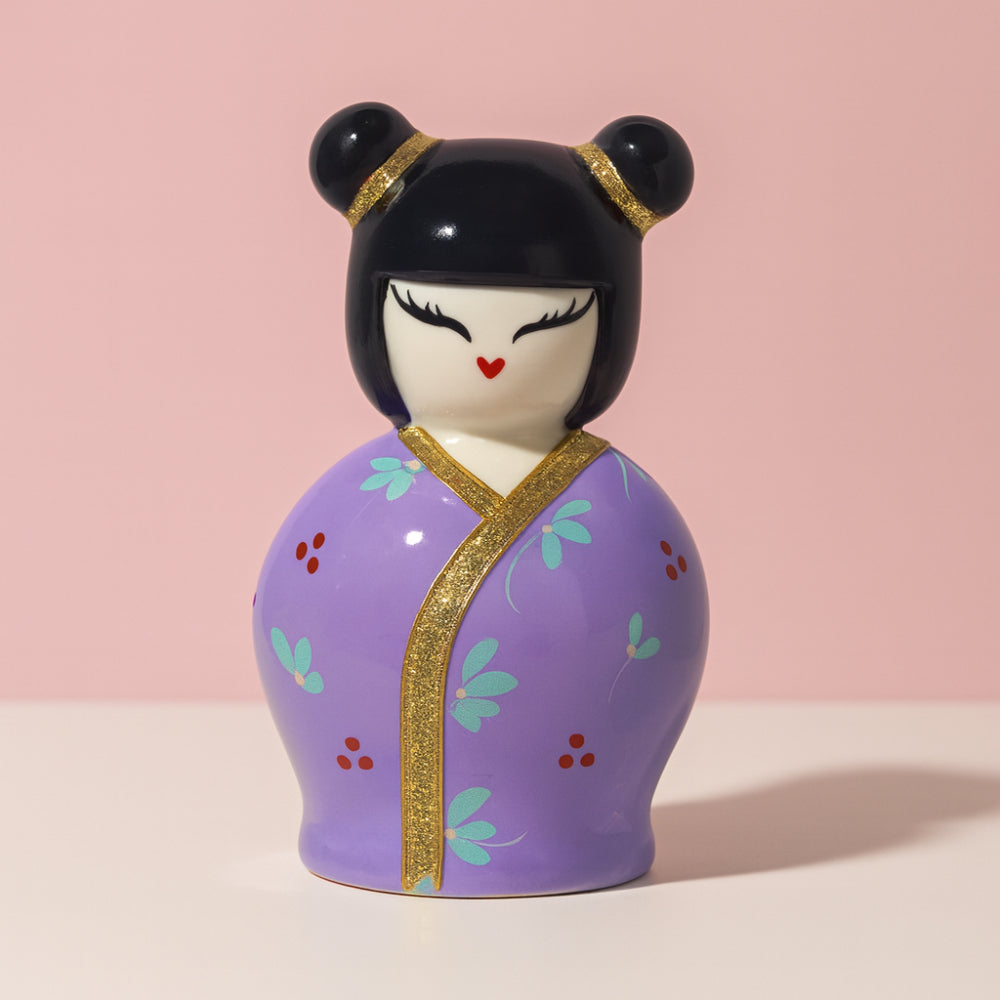 Campana Kokeshi Sharon Cherry Violet in porcellana 12×7,5 cm bomboniera