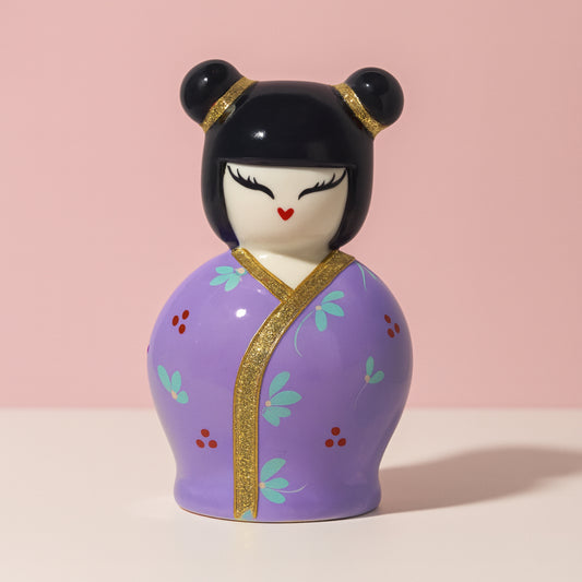 Campana Kokeshi Sharon Cherry Violet in porcellana 12×7,5 cm bomboniera