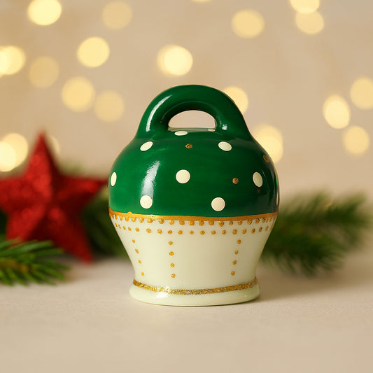 Campana Sharon Buon Natale verde e oro in porcellana H 12 cm – decorazione natalizia artigianale