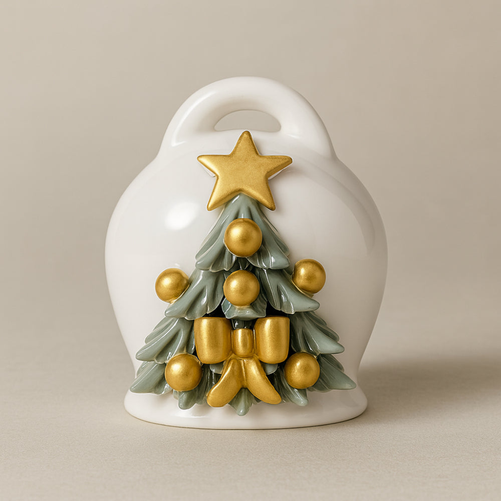 Campana natalizia Sharon in porcellana con albero decorato 13x9 cm