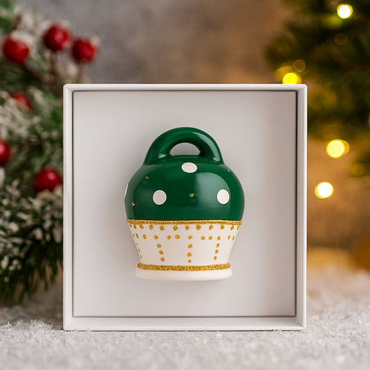 Campana natalizia Sharon in porcellana verde e oro con scatola portaconfetti – bomboniera elegante Made in Italy"