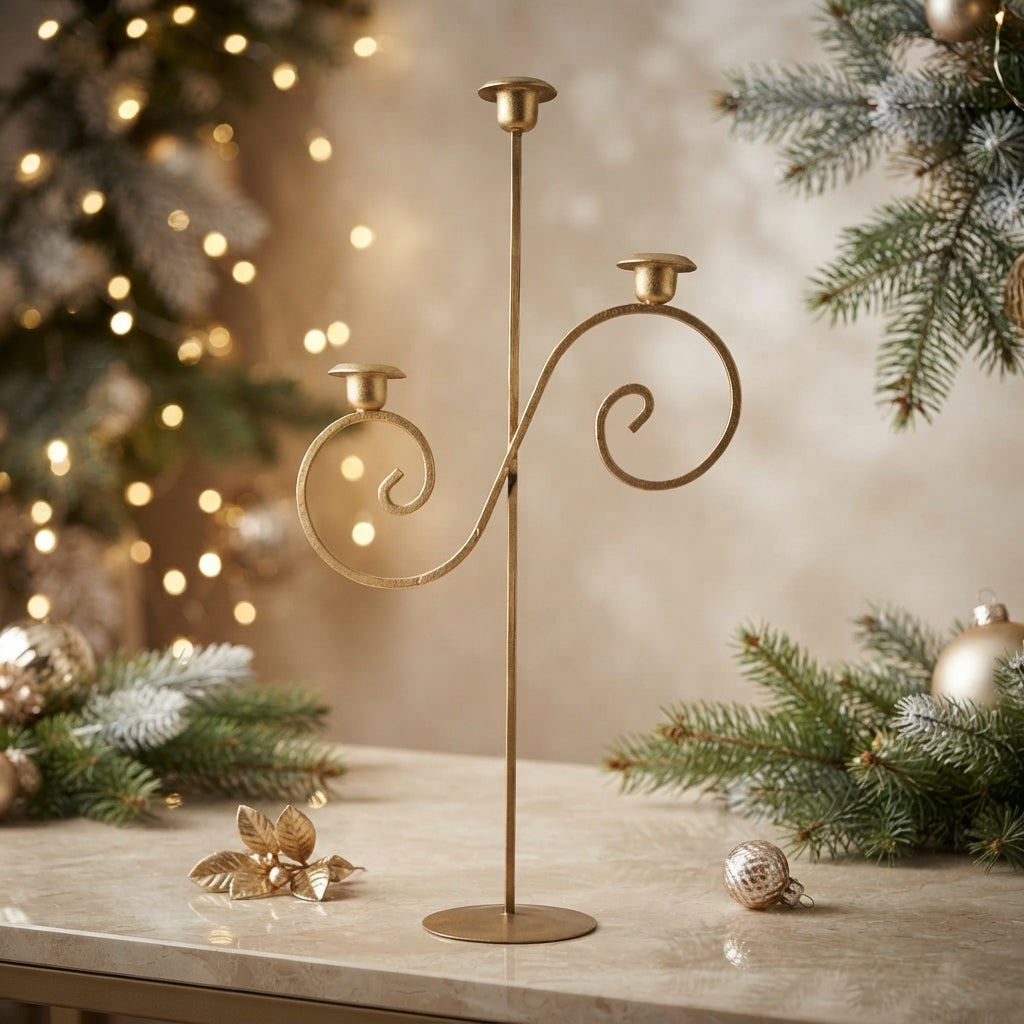 Candeliere Oro 3 Fiamme Riccioli 28x53h cm Elegante