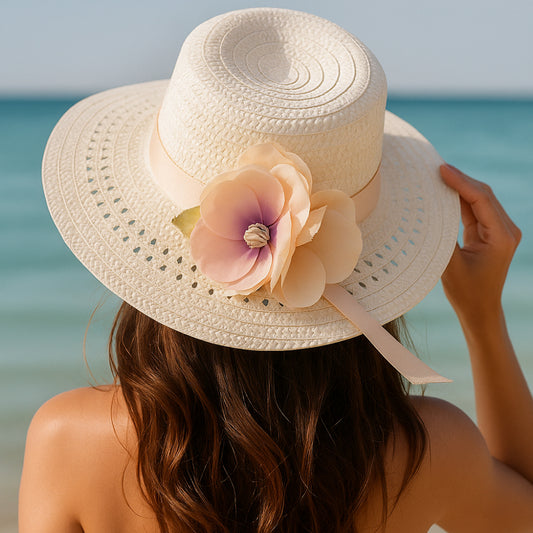 Cappello Le Favole Ø 40 cm paglia sintetica con fiori tessuto e nastro cipria