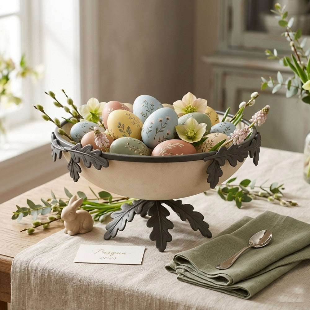 Centrotavola Ferro Battuto Grigio e Vetro Satinato Ø37×H18 cm