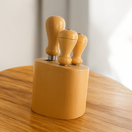 Ceppo in legno con set 3 utensili formaggio frontale