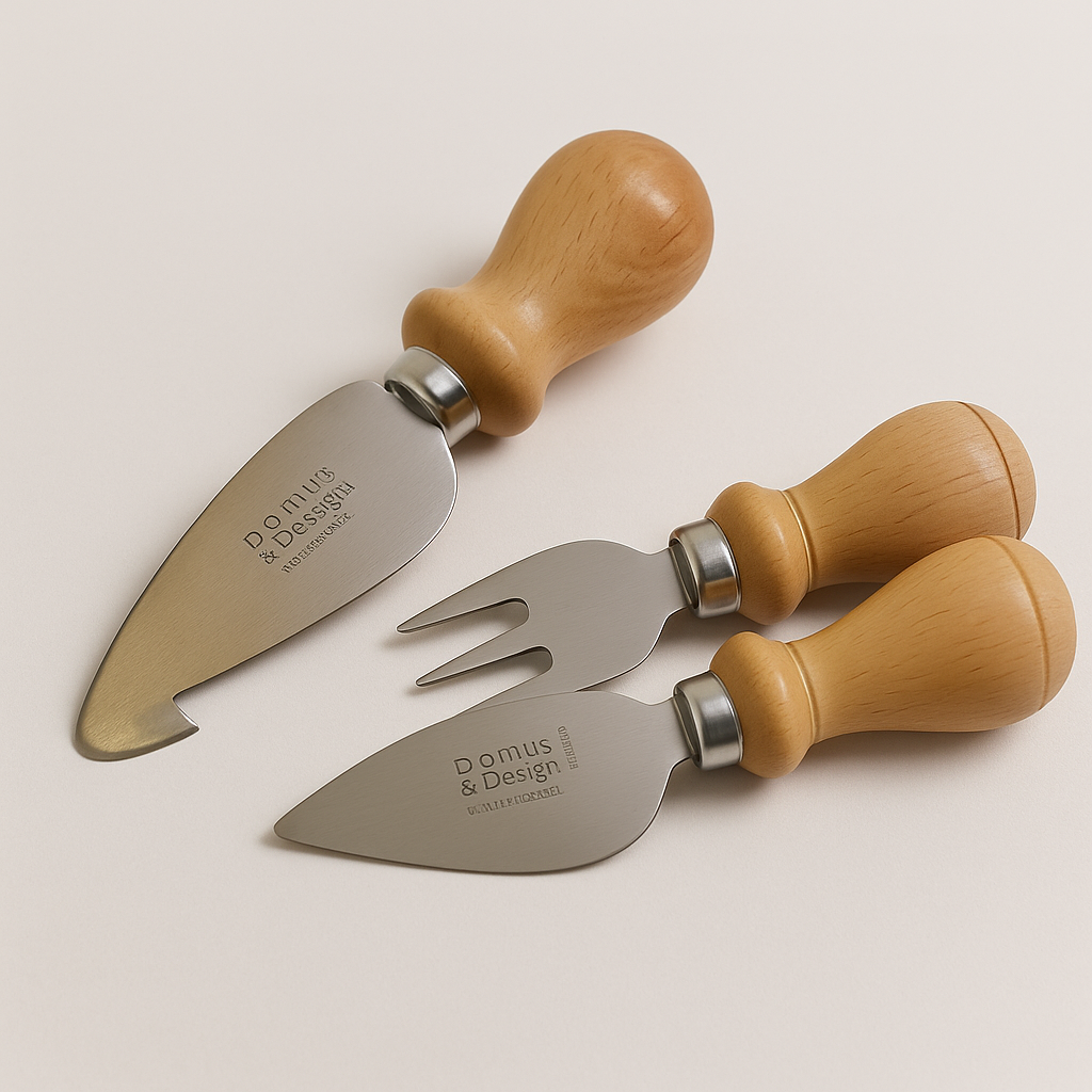 Ceppo in legno con set 3 utensili formaggio frontale