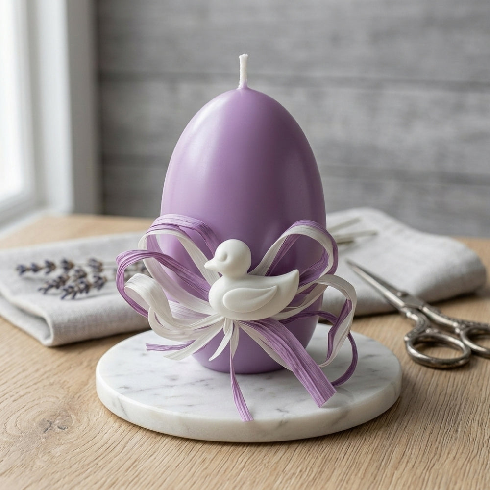 Cereria Parma Candela Uovo Pasquale Lilla con Base H11,5 cm