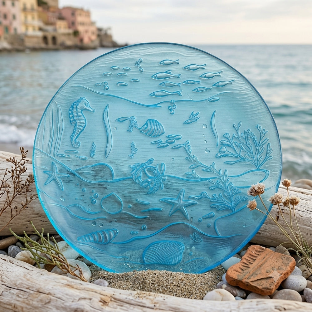 Cive – Piatto Vetro Blu Decoro Marino 32 cm Sottopiatto Charger