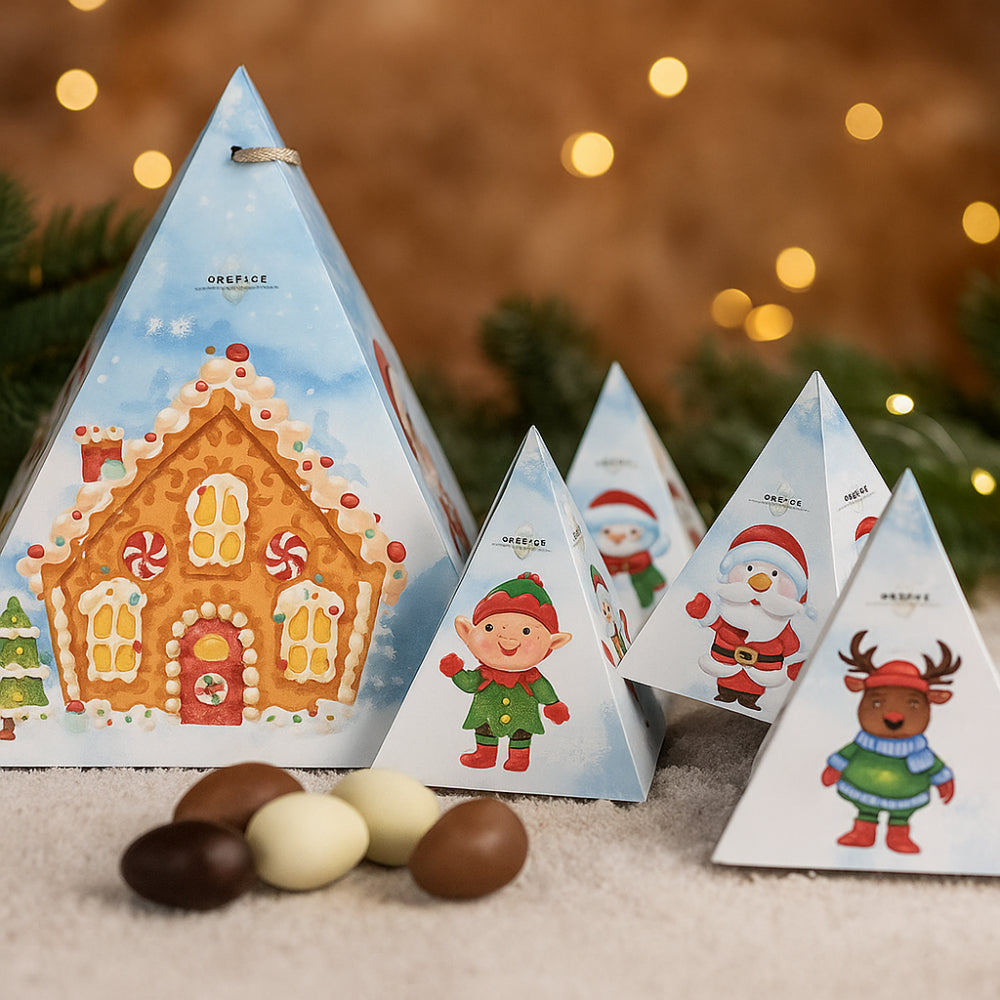 Contenitore piramidale Orefice con 6 mini piramidi natalizie e dragees 200 g