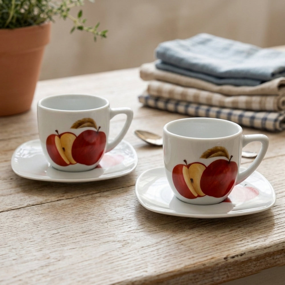 Coppia Tazze Caffè Porcellana Decoro Mela con Piattino 11×11 cm