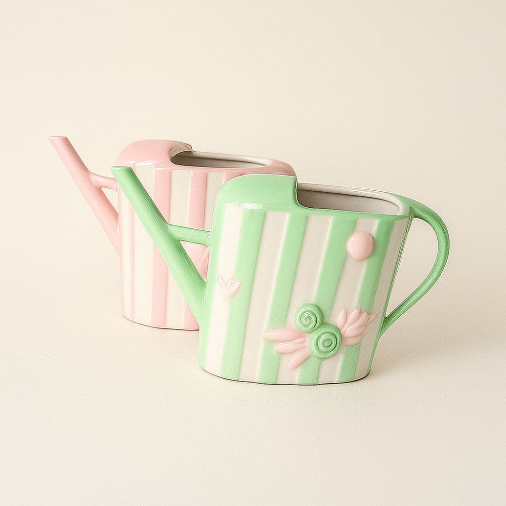 Coppia annaffiatoi ceramica dipinta a mano rosa e verde 10x11 cm