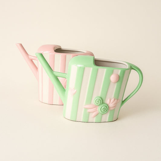Coppia annaffiatoi ceramica dipinta a mano rosa e verde 10x11 cm