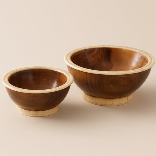Coppia di ciotole Daliana in legno anticato con bordi tipo osso 18x8,5 e 16x6,5 cm

