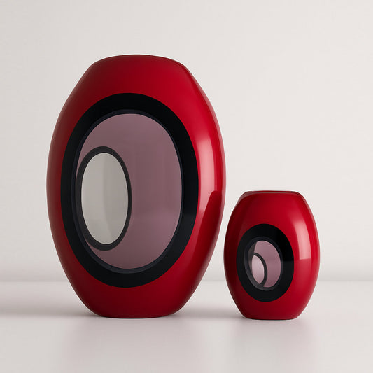 Coppia di vasi in vetro rosso e nero design moderno H 23 cm e H 10 cm