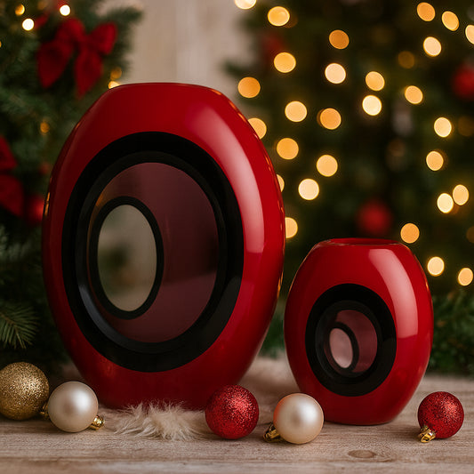 Coppia di vasi in vetro rosso e nero design moderno H 23 cm e H 10 cm