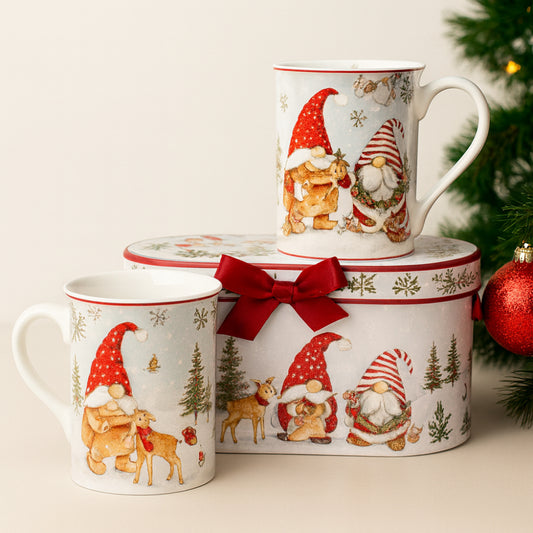 Coppia mug Babbomatto in porcellana 300 cc con gnomi natalizi e scatola regalo