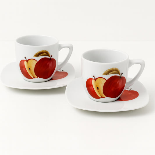 Coppia tazze caffè in porcellana con decoro mela e piattino 11×11 cm

