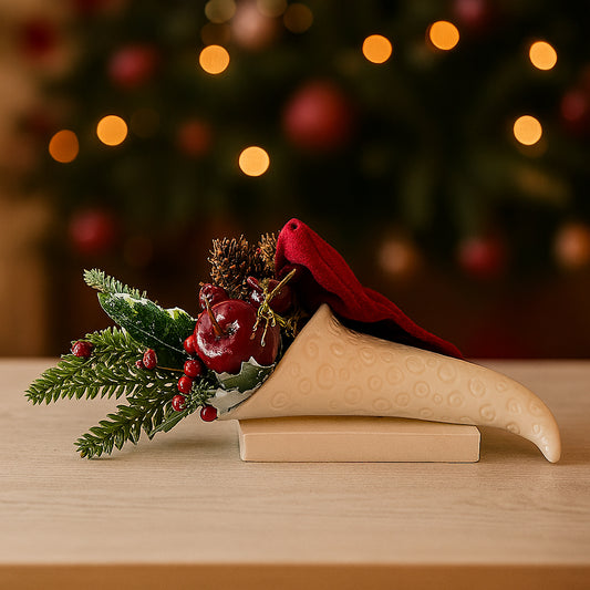 Cornucopia natalizia in ceramica con composizione decorativa 23x13 cm – Linea Noël